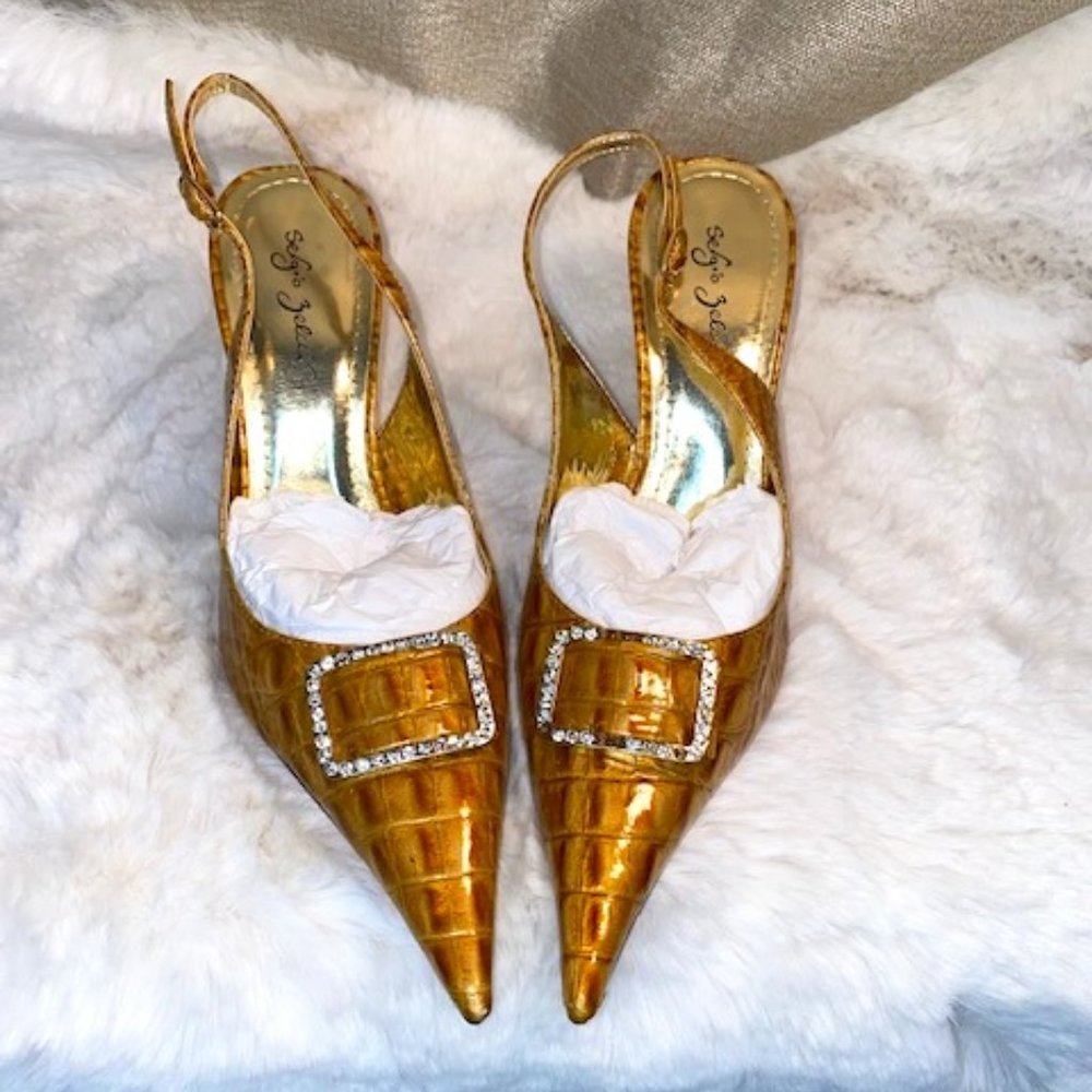 Mustard Croc Sling Back Mini Heels